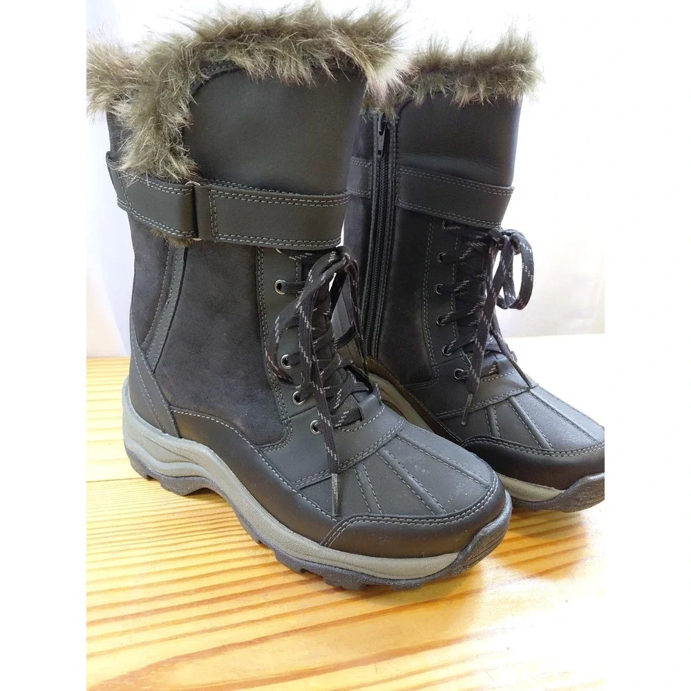 Clarks Mazlyn West Water Resistant Black Leather Fur Winter Boots Size 6.5 New